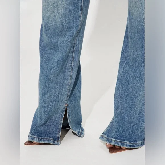 Fashion Nova “Baddest One Around” Medium Wash Distressed Boot Leg Jeans - Picture 3 of 5